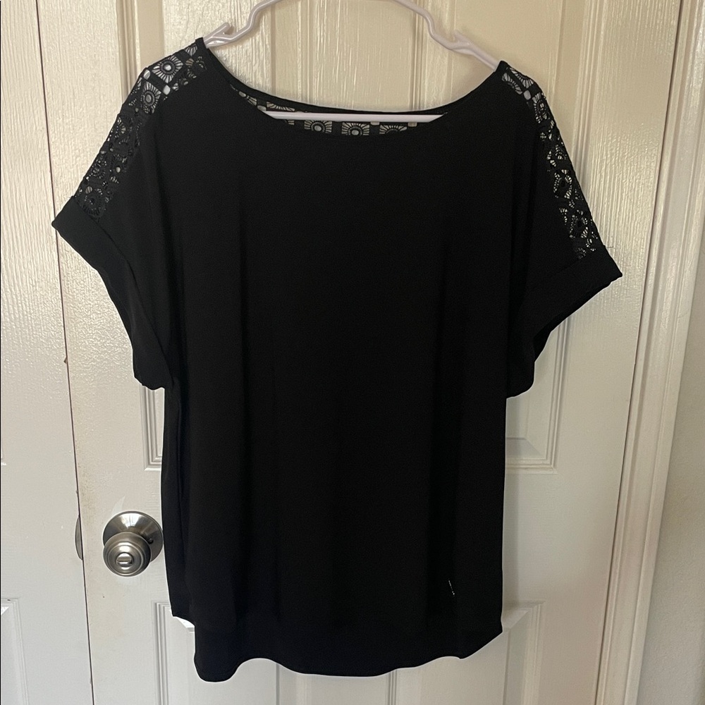 Anne Klein Black Short Sleeve Top with Lace Shoulders